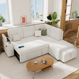 Pull-Out L-Shaped Sectional Sofa With Movable Ottoman And Stool, Large Storage Space, A Cup Holder, And 2 USB Ports For Living Room