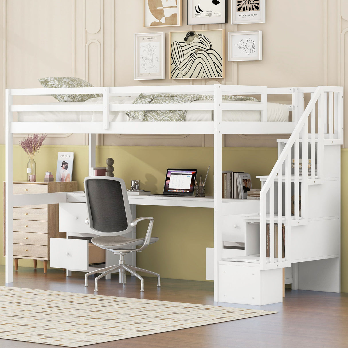Loft Bed Frame With Built In Desk And Double Storage Drawers