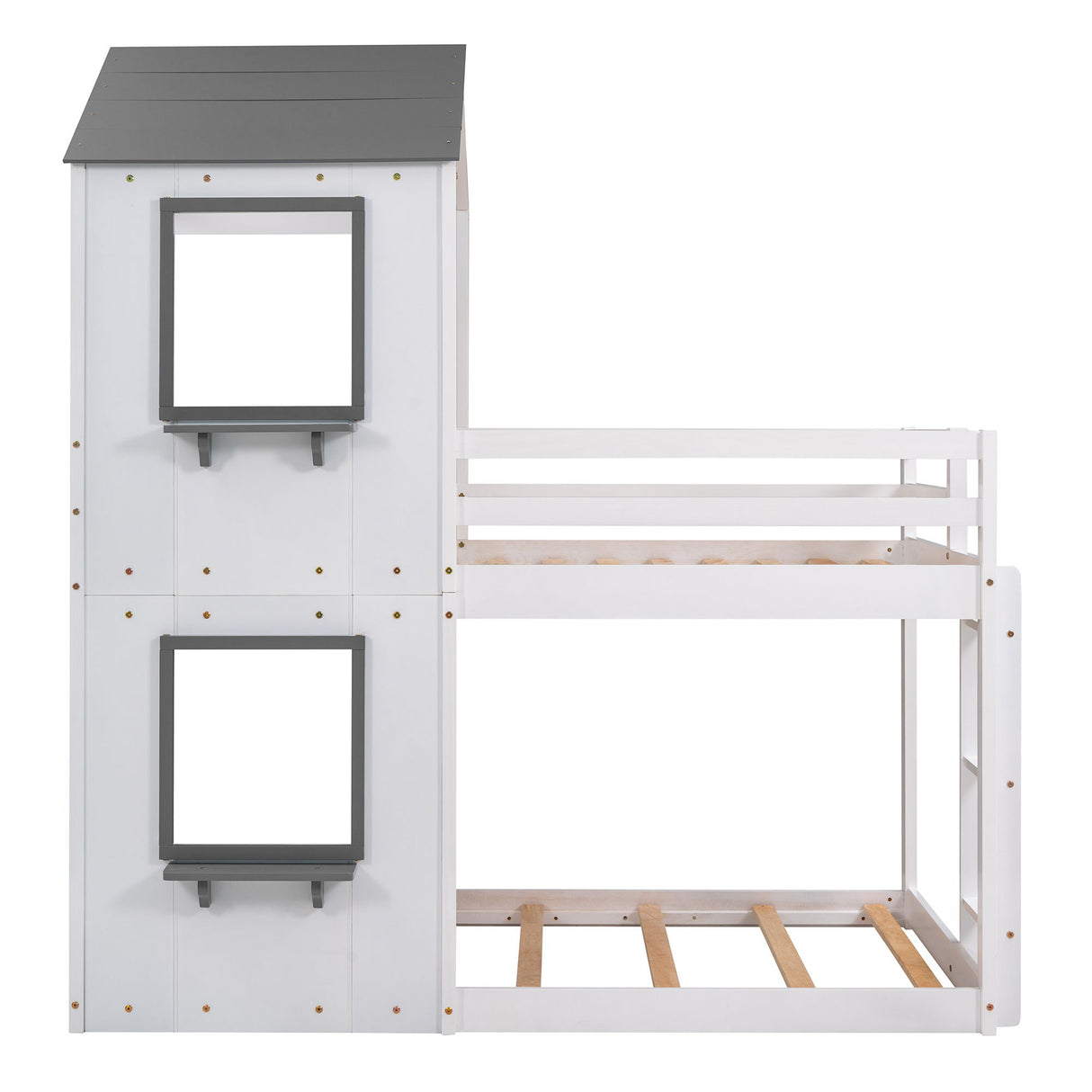 Bunk Bed Wood Bed & Roof, Window, Guardrail, Ladder