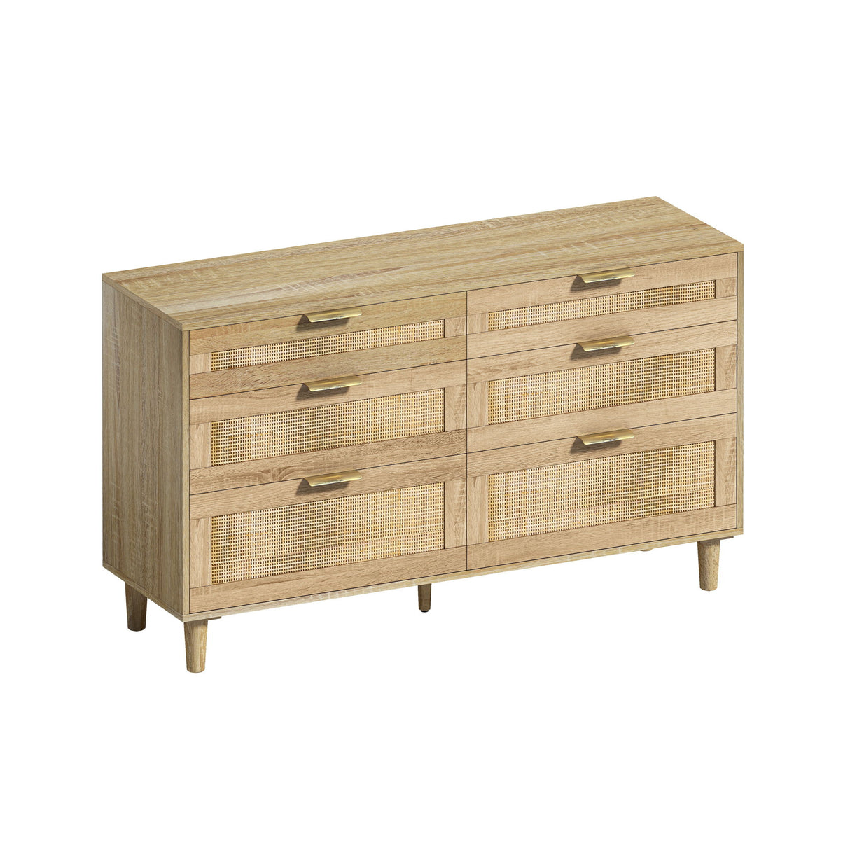 Rattan Dresser With 6 Drawers, Wooden Legs & Metal Handle