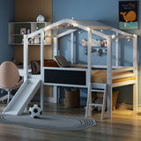 Loft House Bed With Ladder And Slide, With Blackboard And Light Strip On The Roof
