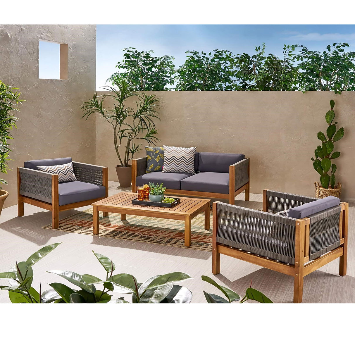 Charlotte - Outdoor And Rope 4 Seater Chat Set With Cushions - Teak