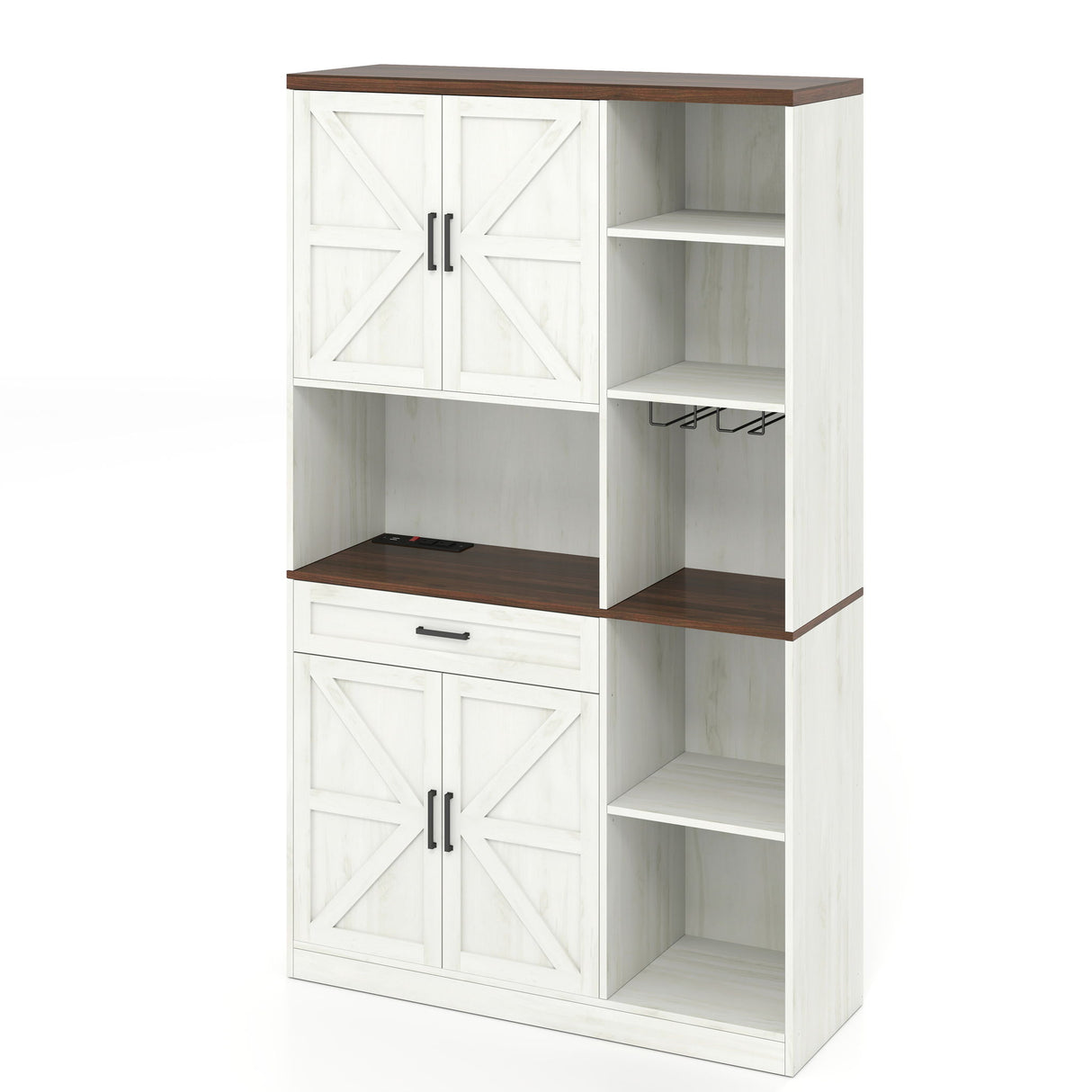 Farmhouse Kitchen Pantry Sideboard With Cabinet And Drawer, Multi Functional Kitchen Buffet With Hutch And Glass Holder, Microwave Stand With Charging Station - Brown / Antique White