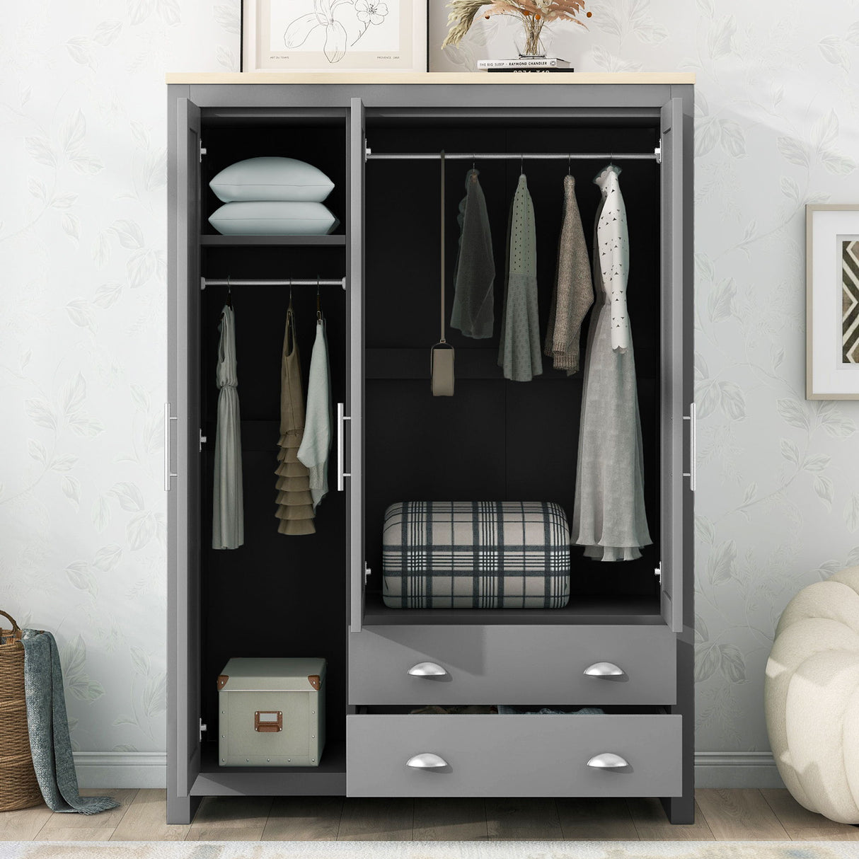 3 Door Storage Wardrobe With Cabinets And 2 Hanging Rods - Gray