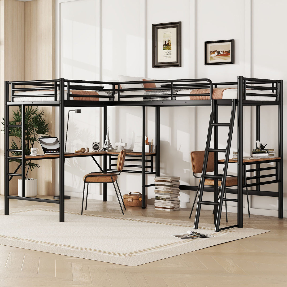 Twin Loft Bed With 2 Built In Desks, Mission Style - Black