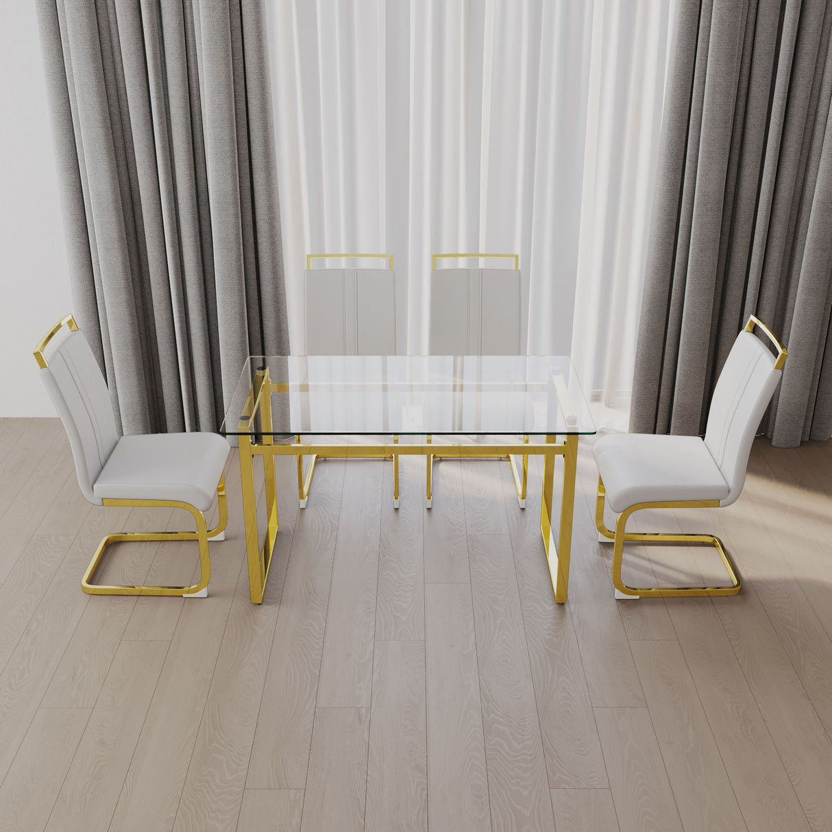 Modern Glass Dining Table Set For 4 With Golden Plating Legs And Chairs - Transparent