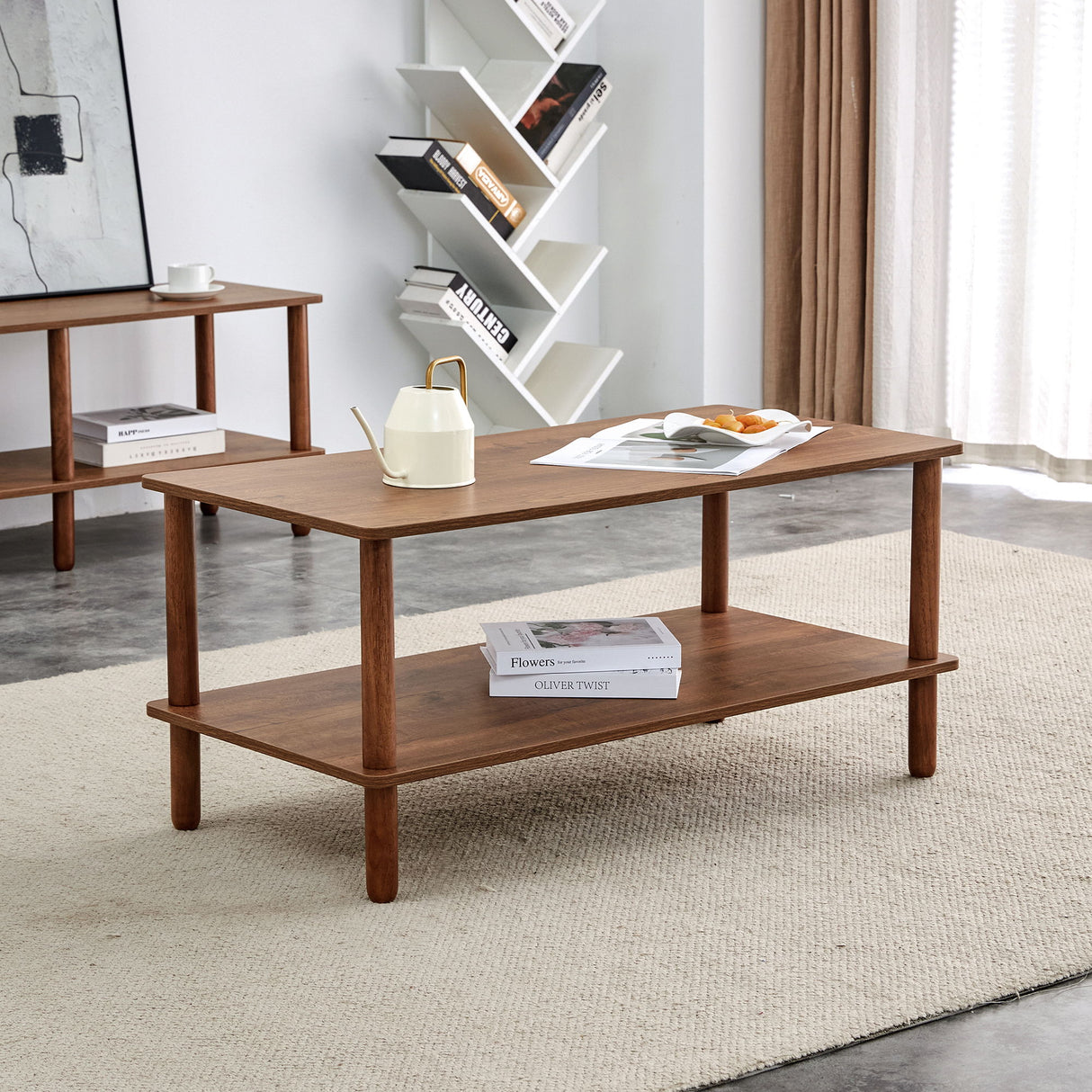 Modern 2 Tier, Rectangular Center Coffee Table With Open Storage Shelf, Rounded Legs