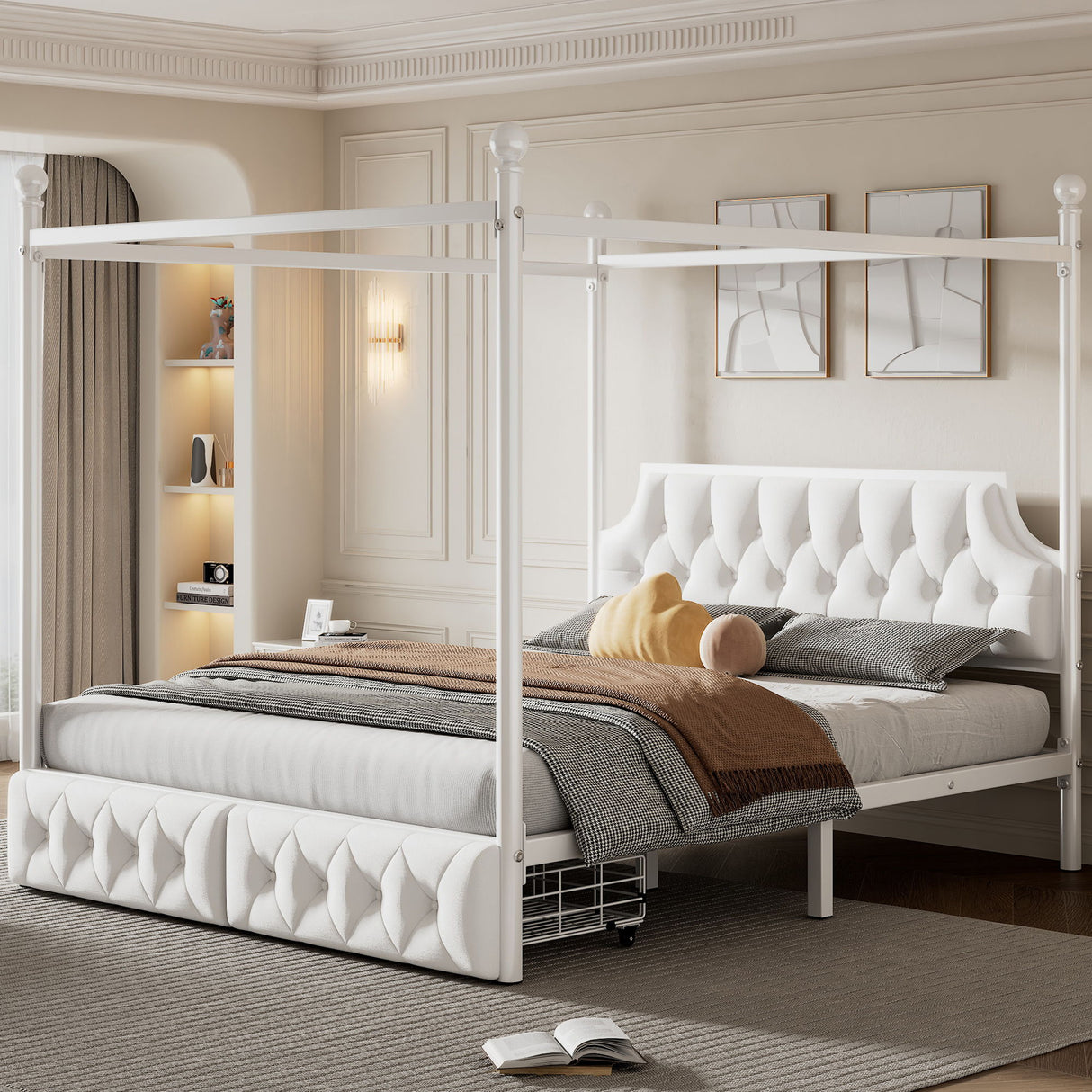 Canopy Platform Bed With Upholstered Headboard And 2 Storage Drawers - White