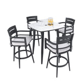 Modern Outdoor Patio Bar Set, Rounded Square Table & Bar Chairs, Non Rust Frame, Tapered Legs, Sunbrella Cushion