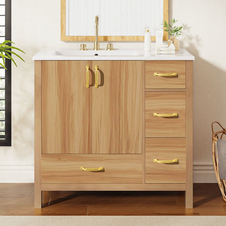 36" Bathroom Vanity, 2 Soft Close Doors, 4 Soft Close Drawers, Adjustable Shelf, Storage Cabinet - Acacia Wood