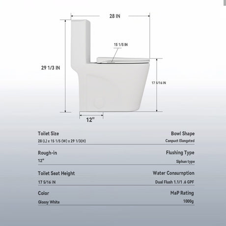 Upgraded Design Armrest, With Glossy Gw 007 1 Piece Toilet With Tornado Flush, Soft Close Seat, Dual Flush Map 1000G, Comfort Chair Seat - Gloss White