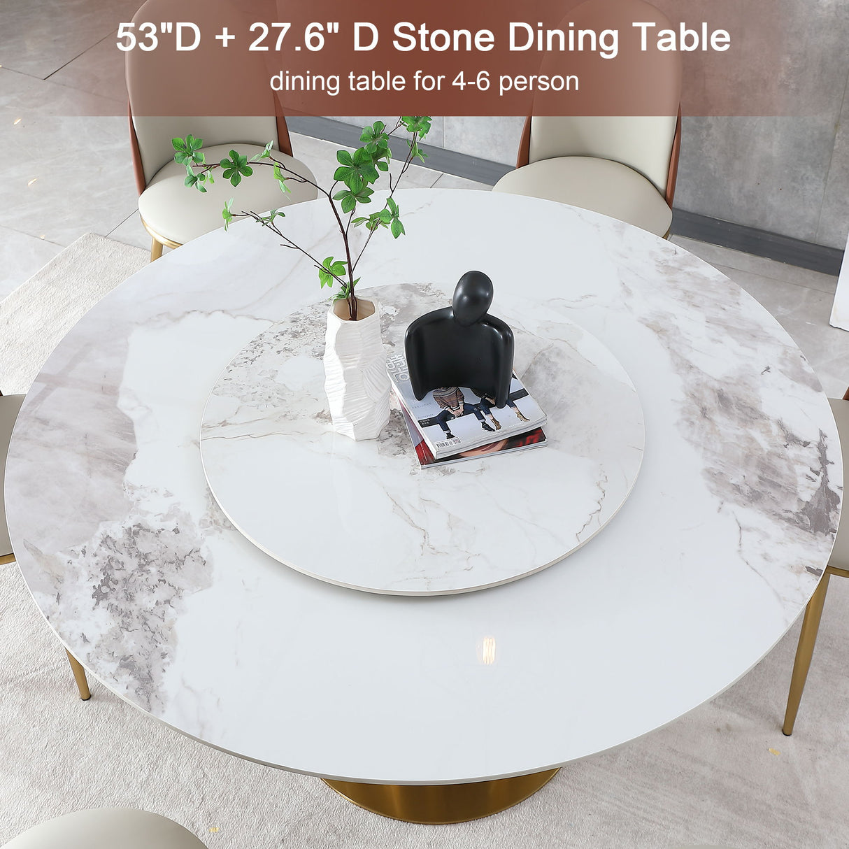 53" Round Marble Dining Table With Lazy Susan, Dining Room, Dinette (Table Only) - Gold / Gold / White
