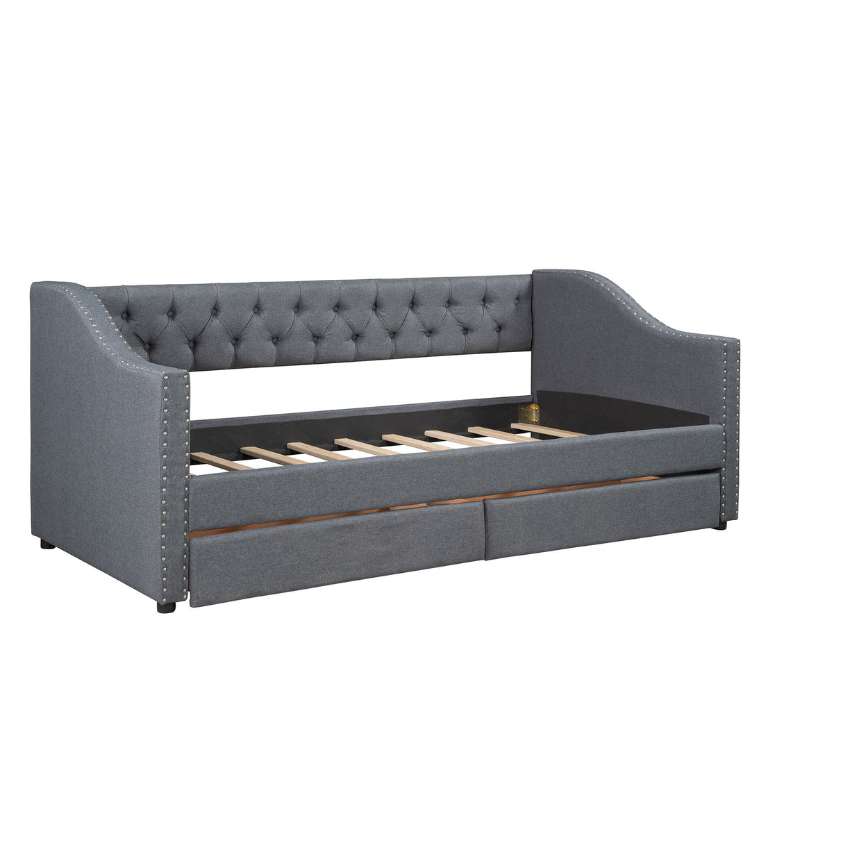 Twin Size Upholstered Daybed With Two Drawers, Slat Support - Gray
