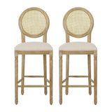 Country Chic Bar Stools (Set of 2) With Rattan Backrest And Upholstered Seat - Beige / Natural