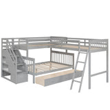 Solid L Shaped Bunk Bed With 3 Drawers, Ladder And Staircase