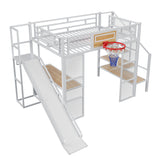 Loft Bed With Built In Desk, Open Wardrobe, Basketball Hoop, Slide And Staircase