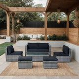 6 Piece Patio Wicker Sectional Set Patio Backyard Conversation Set Space Saving - Gray / Black