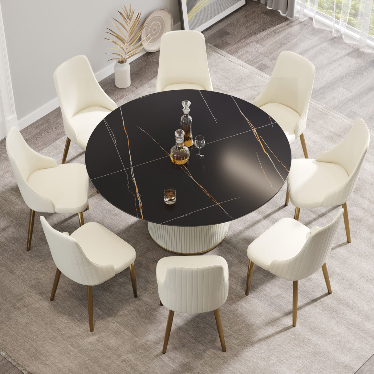 Modern Artificial Stone Round Plywood Base Dining Table, Can Accommodate 8 People, (Not Including Chairs) - Black / Beige