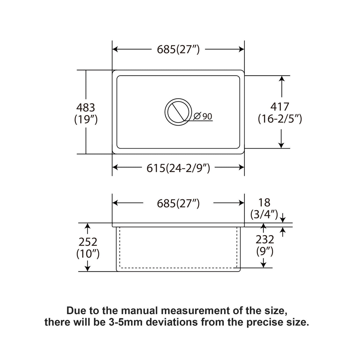 Undermount Single Bowl Ceramic Kitchen Sink, Dual Mount