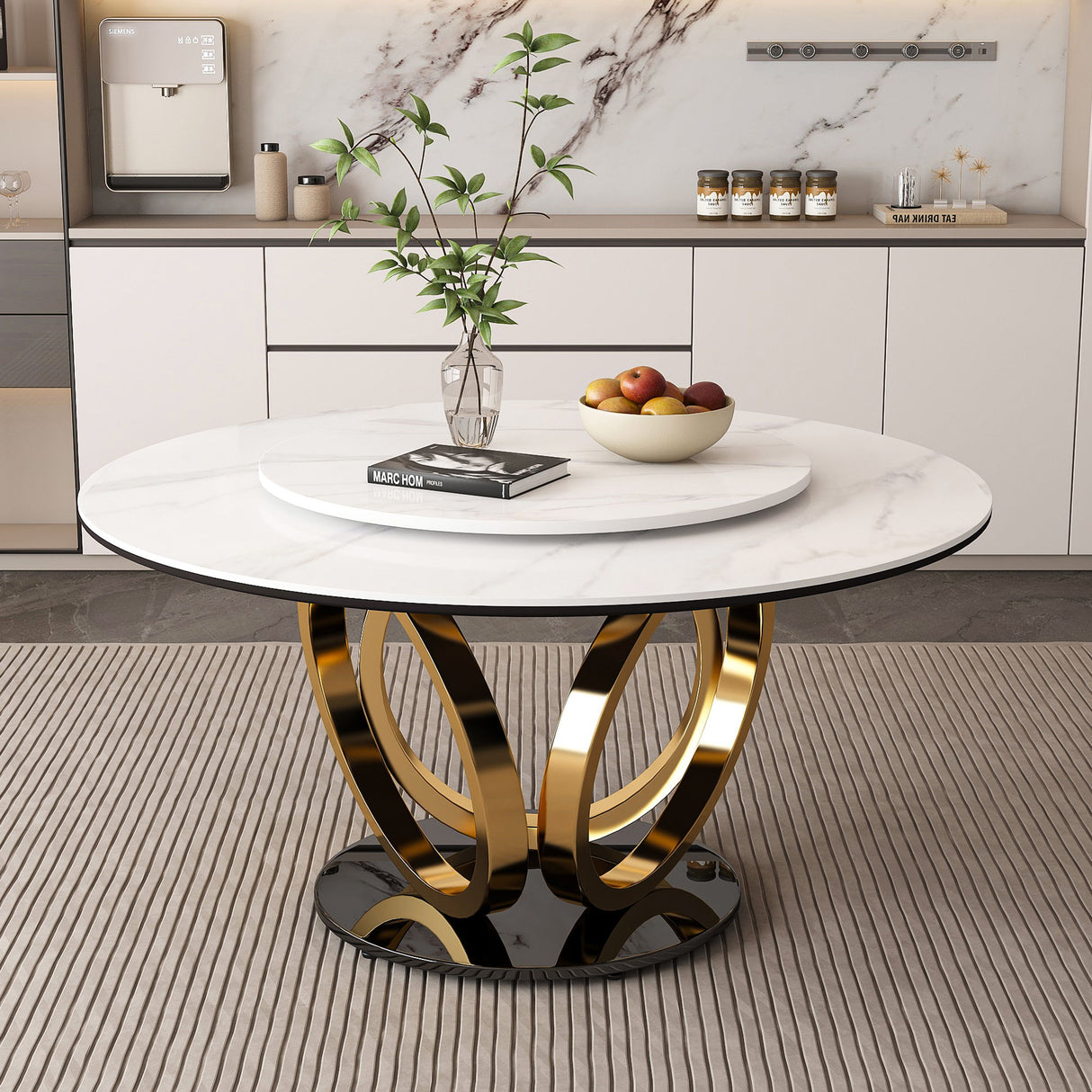 Round Dining Table With 360° Smooth Lazy Susan Stain / Heat - Gold / Black / White