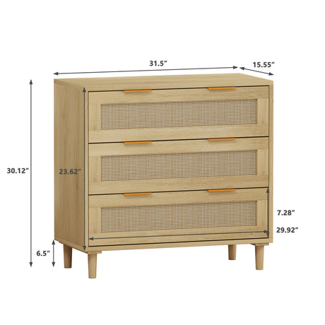 3 Drawers Rattan Storage Cabinet Rattan Drawer, For Bedroom, Living Room, Dining Room, Hallways (Set of 2) - Oak