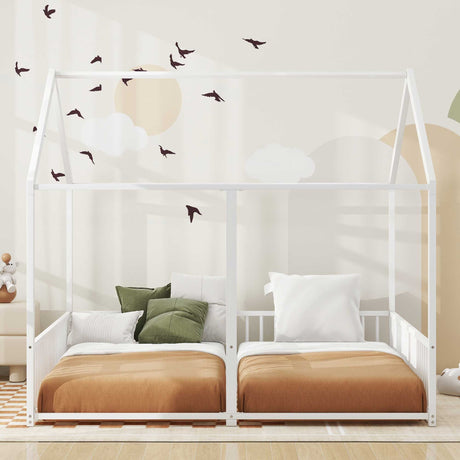 Metal Twin Size House Platform Beds 2 Shared Beds - Antique White