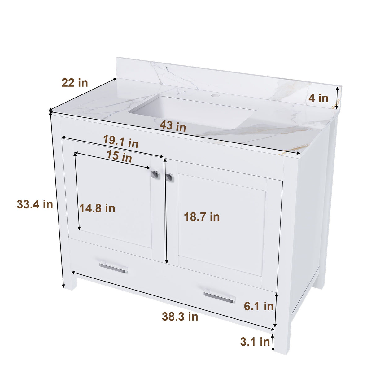 43" Bathroom Vanity, Multi Functional Cabinet, Doors And Drawer - White