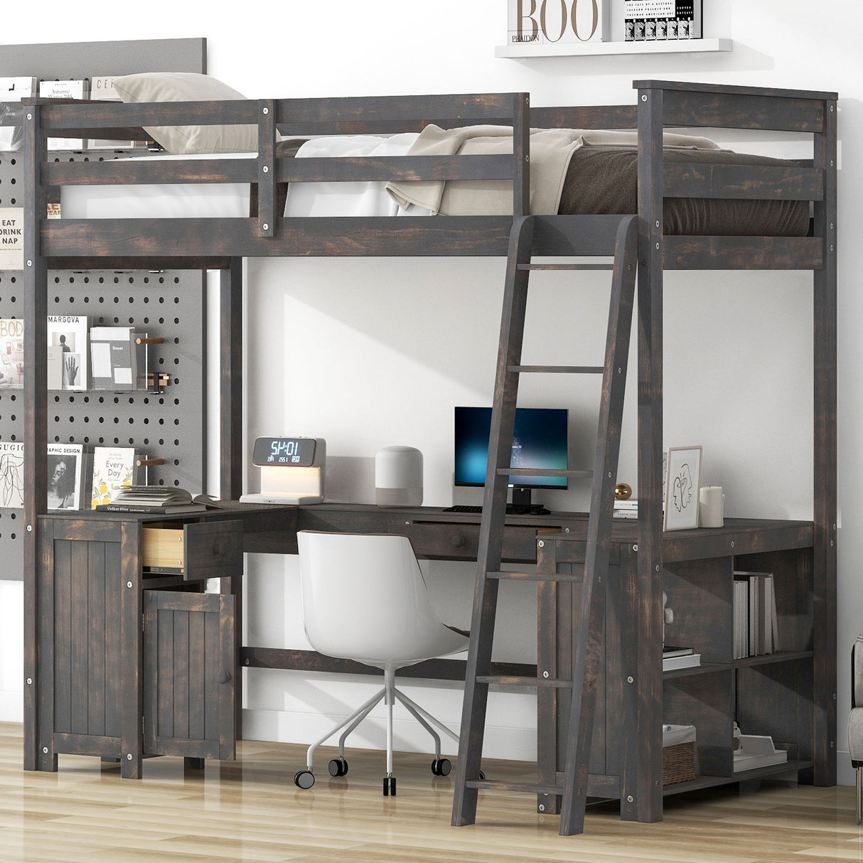 Loft Bed With U-Shaped Desk, Drawers, And Storage Shelves