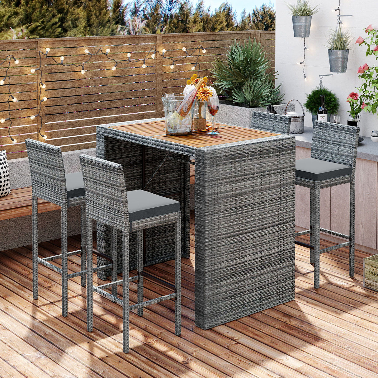 5 Pieces Outdoor Patio Wicker Bar Set, Bar Height Chairs With Non-Slip Feet And Fixed Rope, Removable Cushion, Acacia Wood Table Top - Brown / Gray