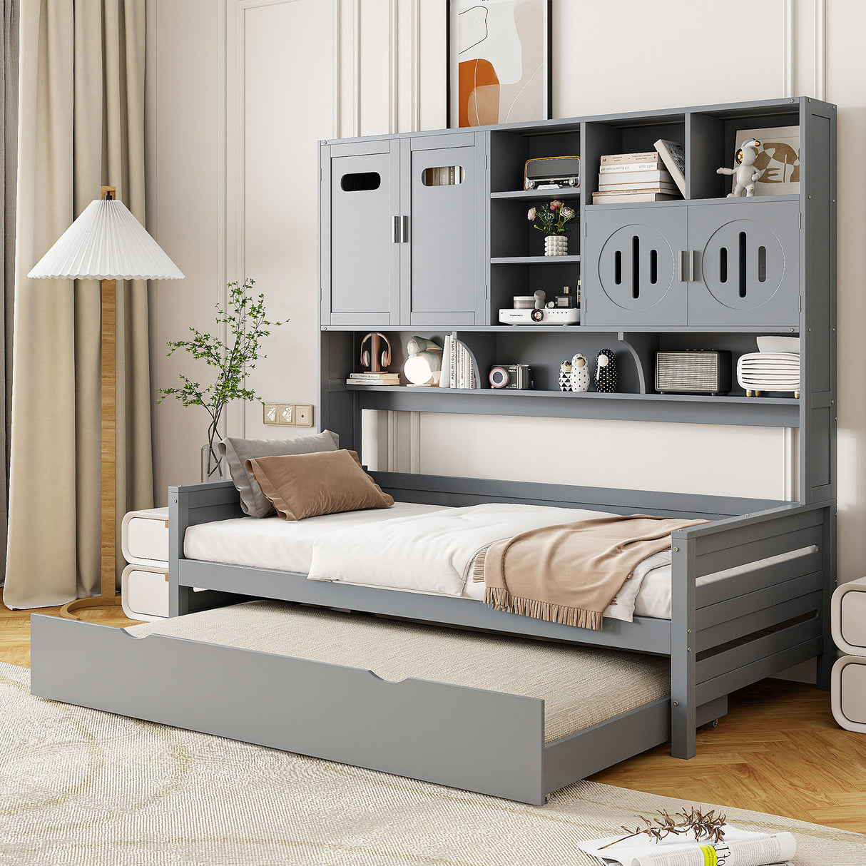 Daybed With All-In-One Cabinet And Shelf