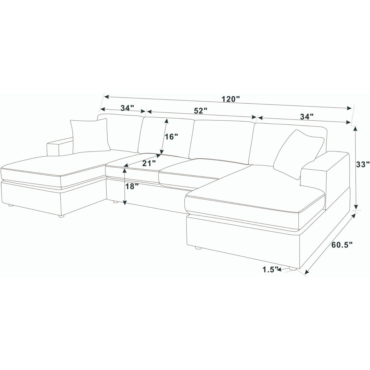 3 Piece Corduroy Double Chaise Sectional Sofa