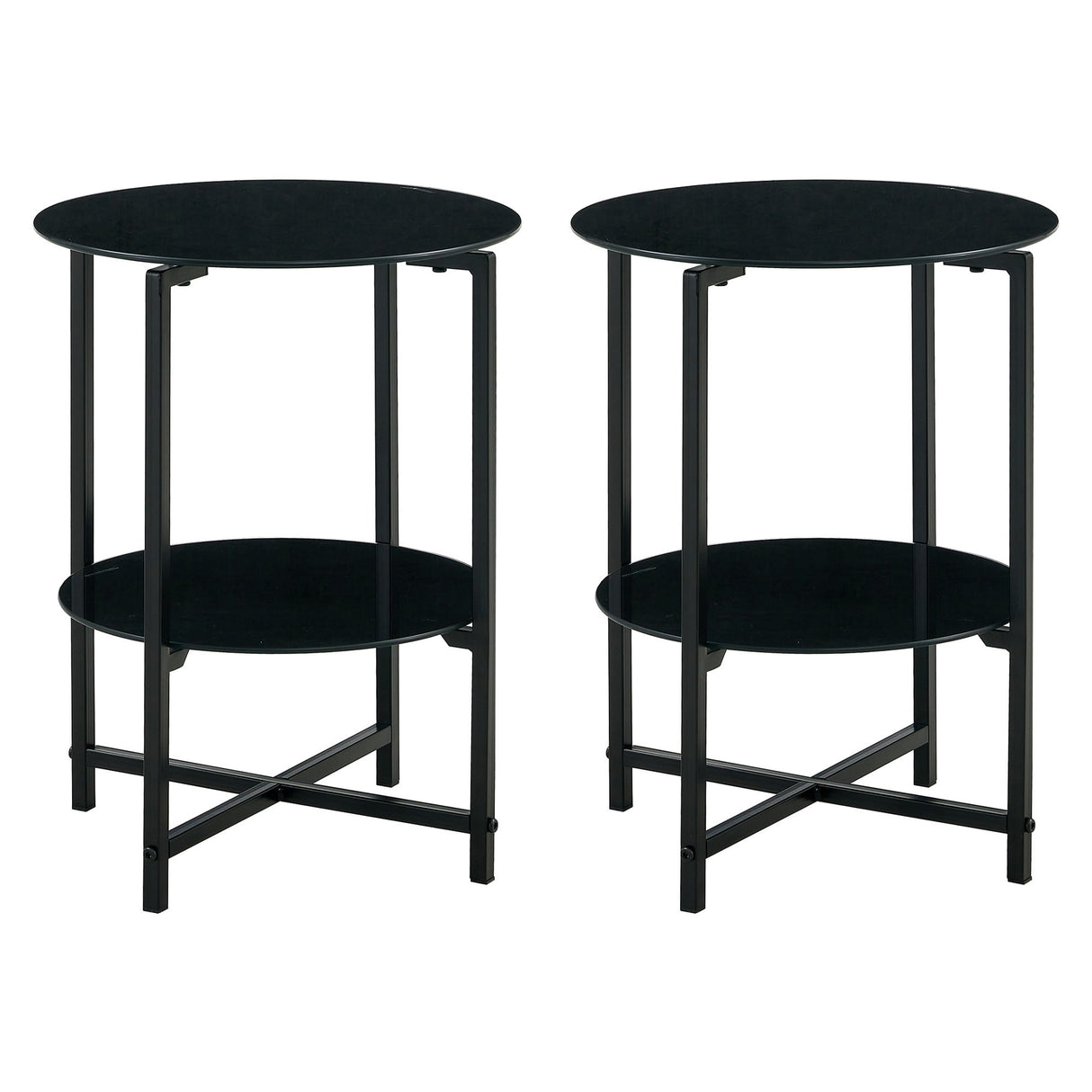 JWS Tempered Glass End Table (Set of 2), Round Coffee Table For Bedroom Living Room Office - Black