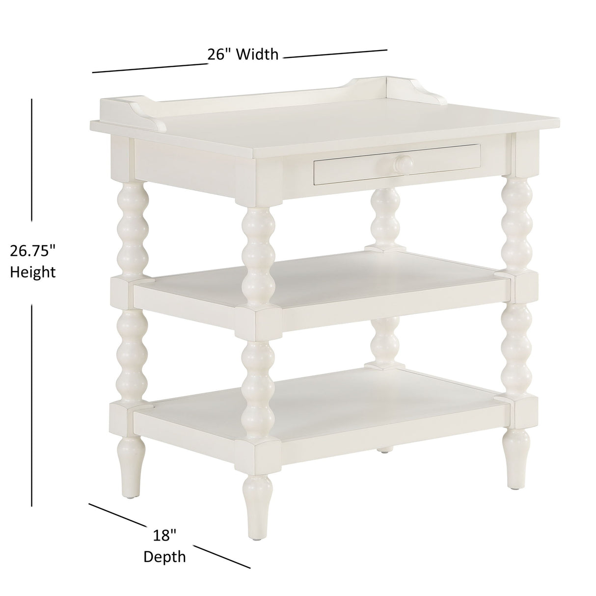 Aria - Nightstand With Styling, 2 Shelves, Pull Out Tray, Spool Turned Legs - Antique White
