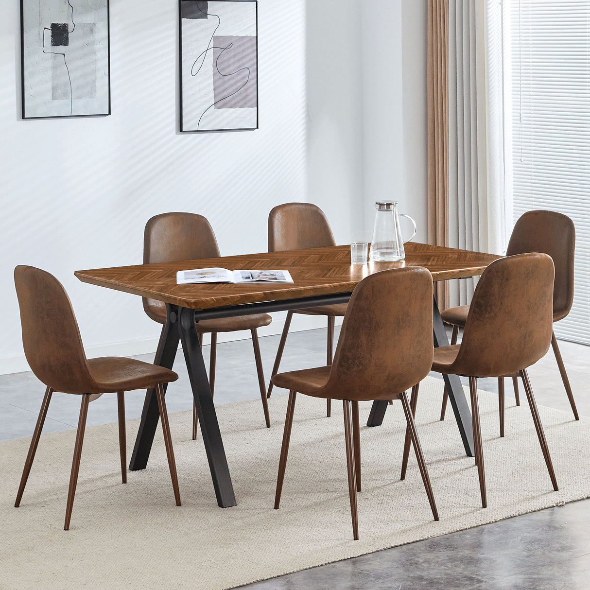 Suede Backrest Chairs With Metal Legs & Herringbone Dining Table Set
