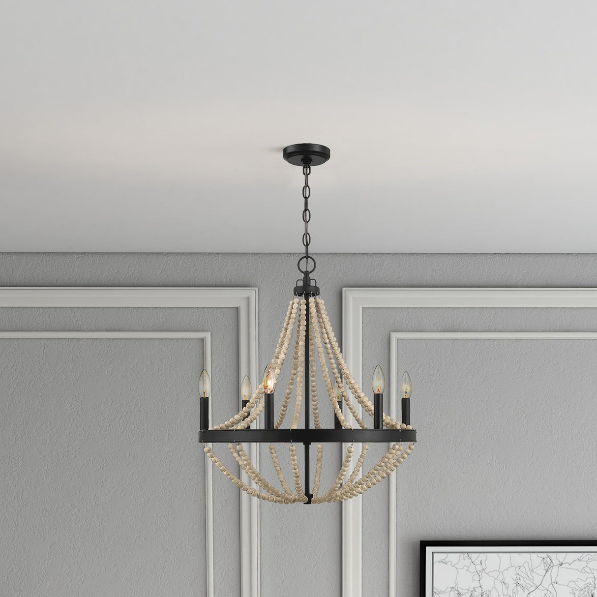 Starry - Chandelier Farmhouse Six Candle Light Wood Beaded Pendant Light For Dining Room - Black / Clear