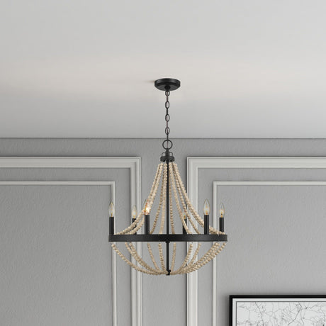 Starry - Chandelier Farmhouse Six Candle Light Wood Beaded Pendant Light For Dining Room - Black / Clear