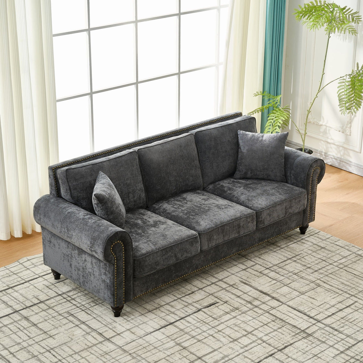 3 Seater Sofa With Tufted Upholstery, Rolled Arms, Nailhead Trim