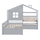 House Bed With Sofa, Kids Platform Bed With 2 Drawers And Storage Shelf