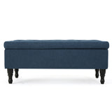 Hyatt - Suede Storage Ottoman With Tufted Top And Dark Wooden Legs - Navy Blue
