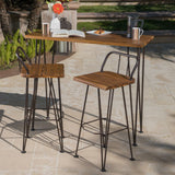 Dione Outdoor Industrial Acacia Wood Bar Set With Metal Frame And Slat Paneling - Brown
