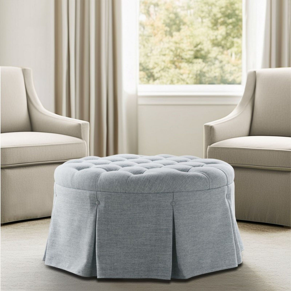 Skirted Tufted Round Ottoman With Button Top - Gray