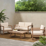 4 Pieces Acacia Wood Patio Furniture Set, Outdoor Furniture With Coffee Table, Patio Conversation Set Deep Seating With Soft Cushion, Porch Chairs For Backyard Porch Balcony - Brown Wash / Beige