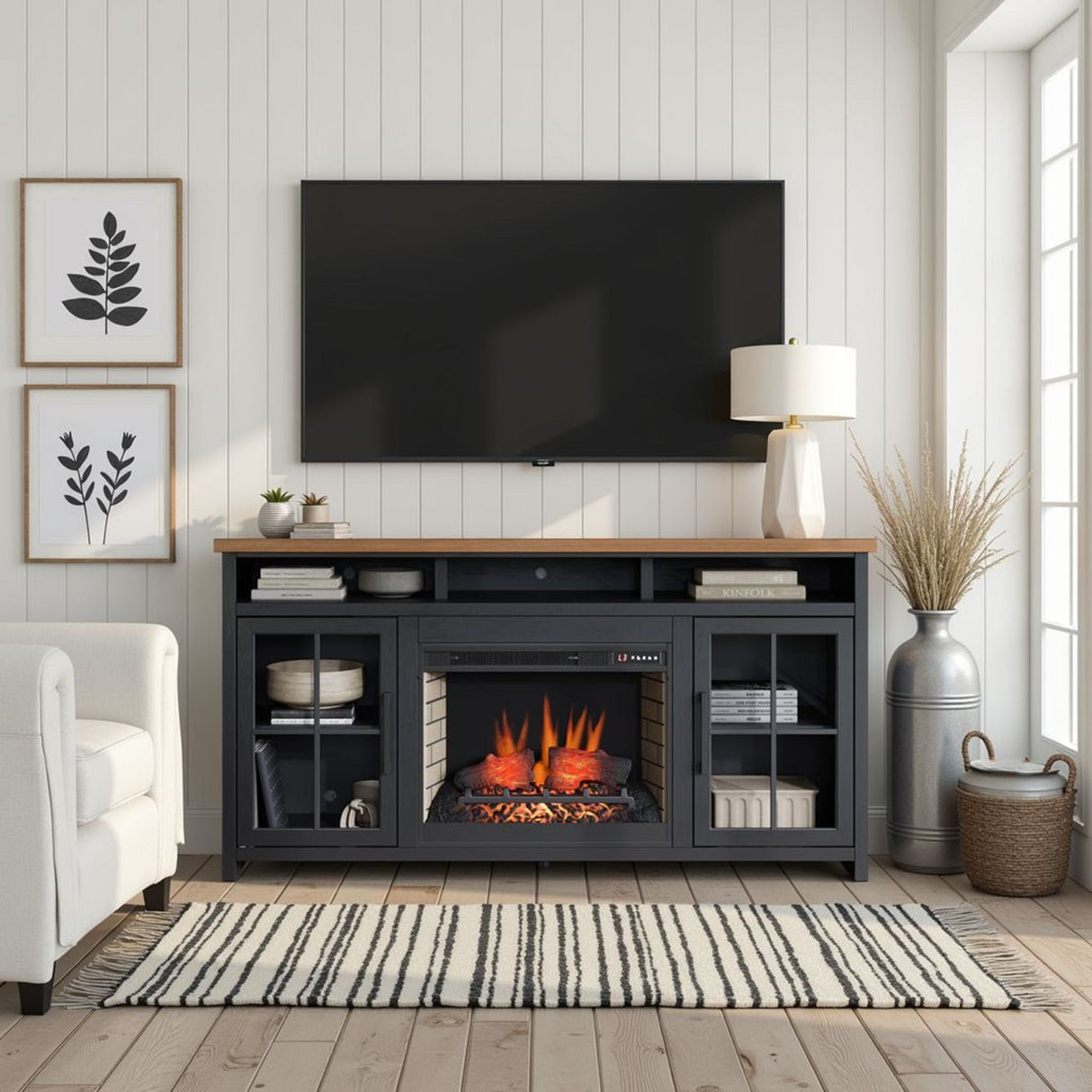 Essex - Fireplace TV Stand Console For TVs Up To 85" - Black, Whiskey