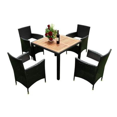 Outdoor Patio Wicker Dining Set With Acacia Wood Top