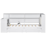 Platform Bed With Upholstered Headboard, Storage Shelves, Drawers, Charging Station, LED Lighting, Built In Desk