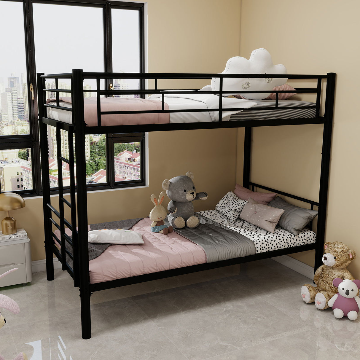 Metal Bunk Bed For Kids, Convertible Bedframe With Ladders & Guardrail