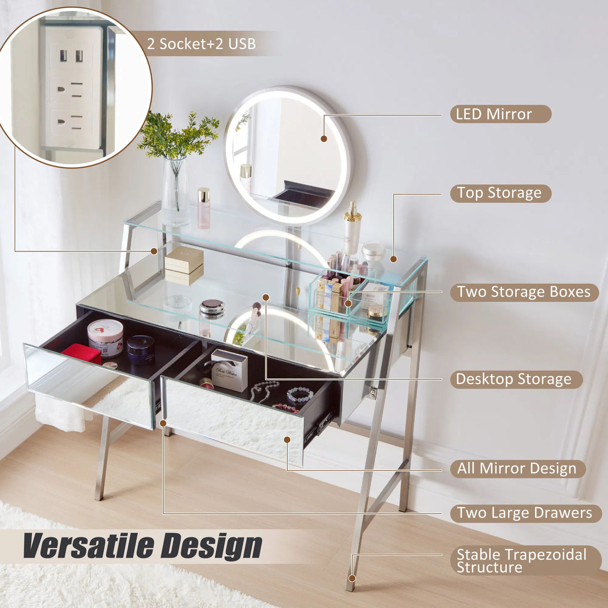 33.9" Mirrored Makeup Vanity Desk With Mirror And Lights, Mirrored Console Vanity Table With 2 Big Drawers & Open Shelf, Dressing Table With Charging Station For Bedroom - Silver