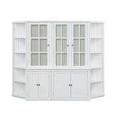 Retro Style Wall Suit With Glass Doors, 75.25" Tall Display Cabinets & Triangle Sided Bookshelves - White