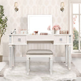 Mirrored Vanity Desk With Drawers And Stool, Flip Up Dressing Table Set For Makeup Room