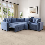 Contemporary L Shaped Convertible Sofa Bed With Pull Out Bed, Cup Holders, And Storage